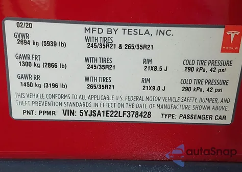 2020 Tesla Model S Long Range Dual Motor All-Wheel Drive/Long Range Plus Dual Motor All-Wheel Drive from USA, damaged, VIN 5YJSA1E22LF378428